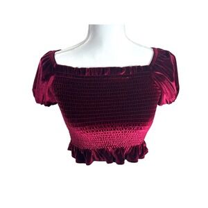Velvet Smock Crop Top Puff Sleeve Burgundy Velour Boho Chic Whimsigoth XS